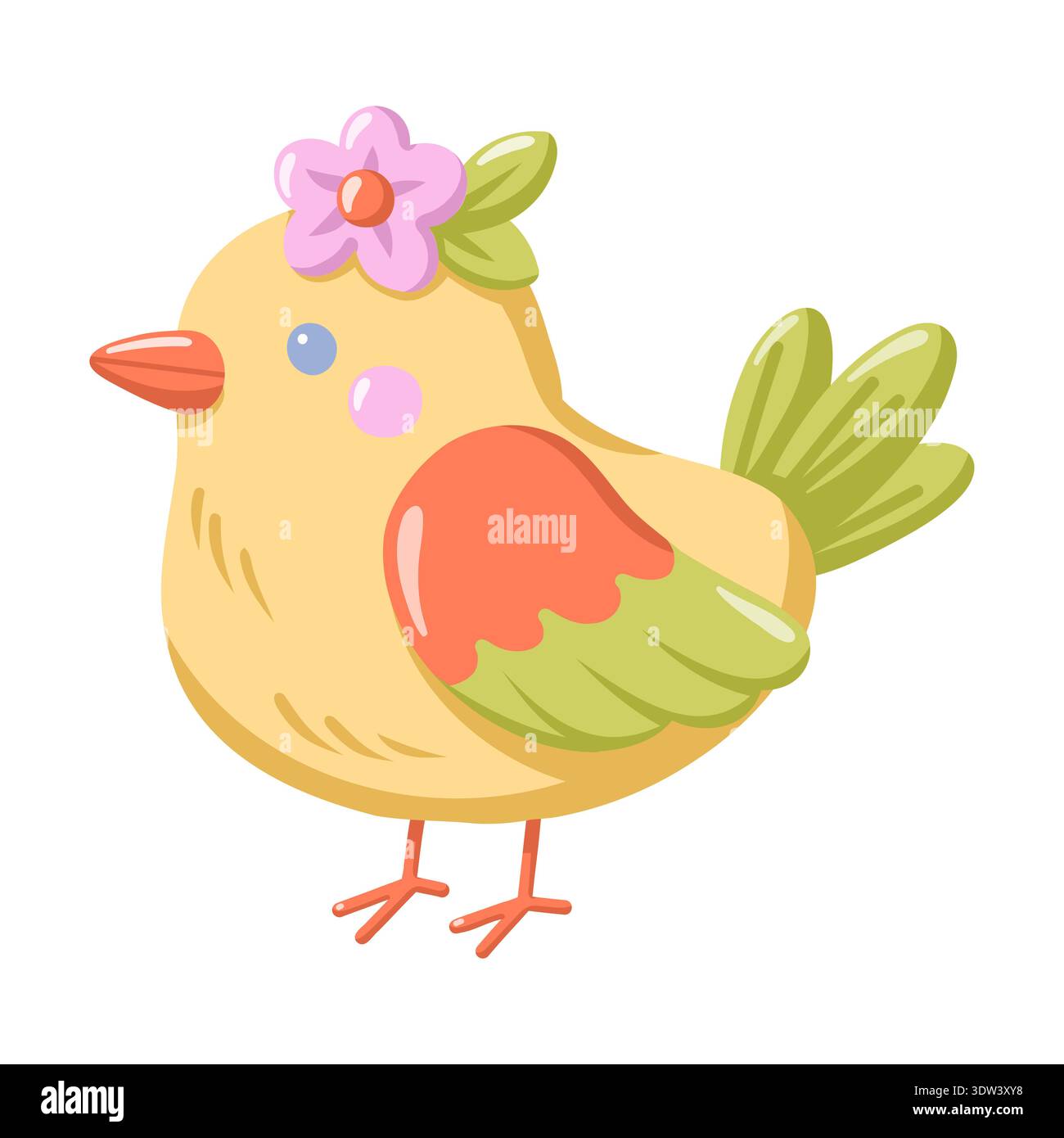 Spring bird with flower and green leaves. Cartoon vector isolated illustration on white background Stock Vector