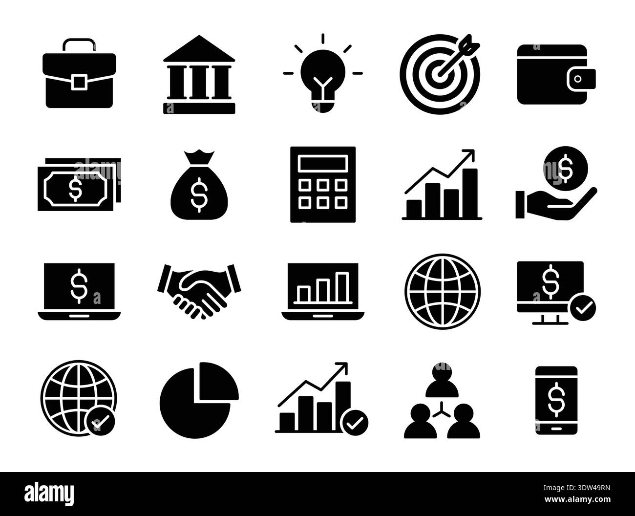 A versatile collection of black icons representing business and finance concepts, including money, growth charts, teamwork, and strategy for various a Stock Vector