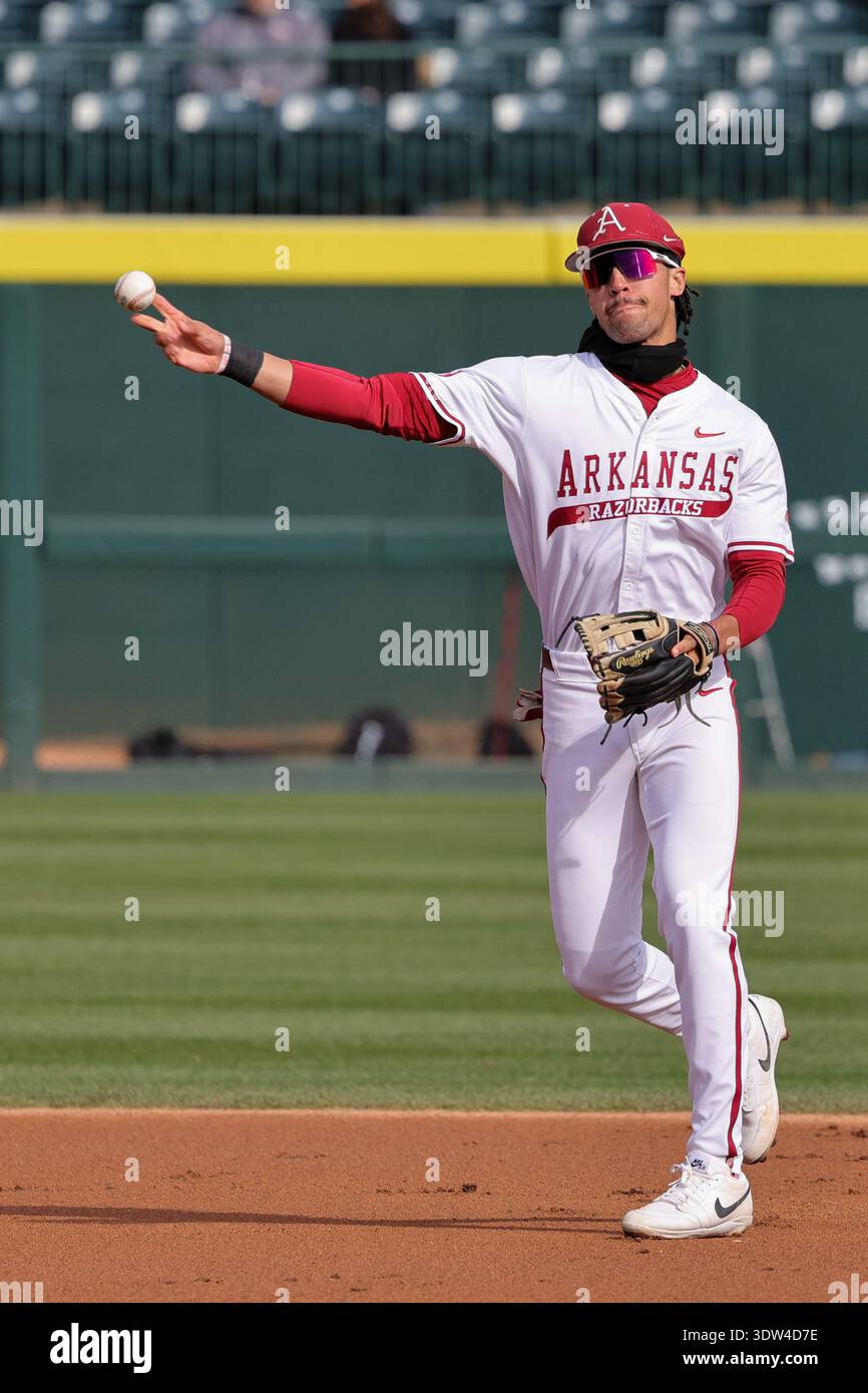 Defeated Razorback February 24, 2026: Razorback short stop TJ Pompey (5) releases the ball ...