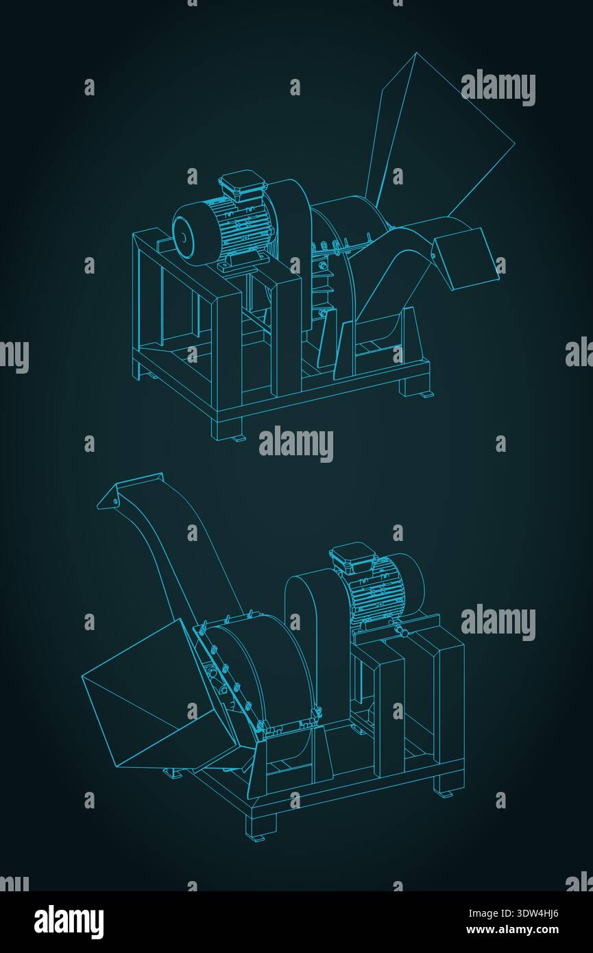 Wood chipper isometric blueprints stylized vector illustration Stock ...