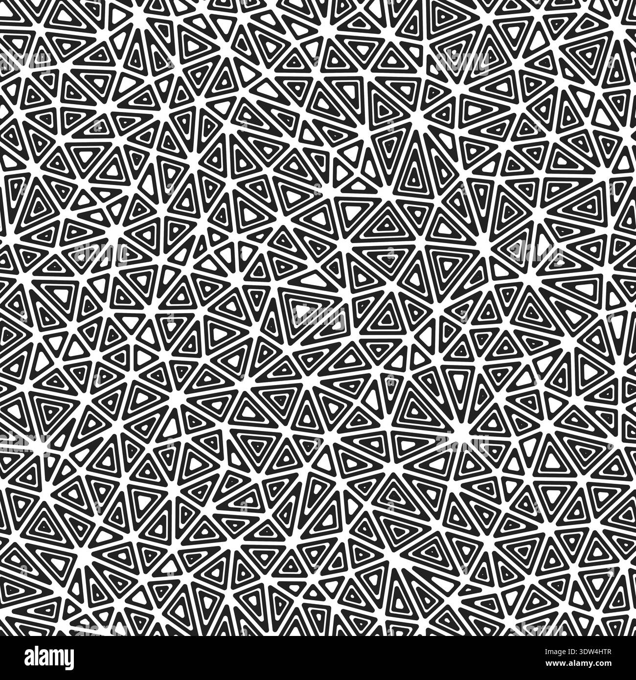 Mosaic triangle shapes background. Compact shape size. Multiple repeated inner triangles. Black and white style. Repeatable pattern. Stock Vector