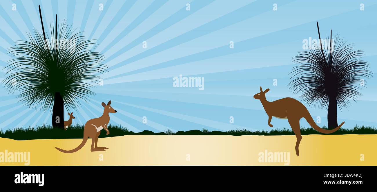 Kangaroos and a joey cross a sandy outback landscape with iconic grass ...