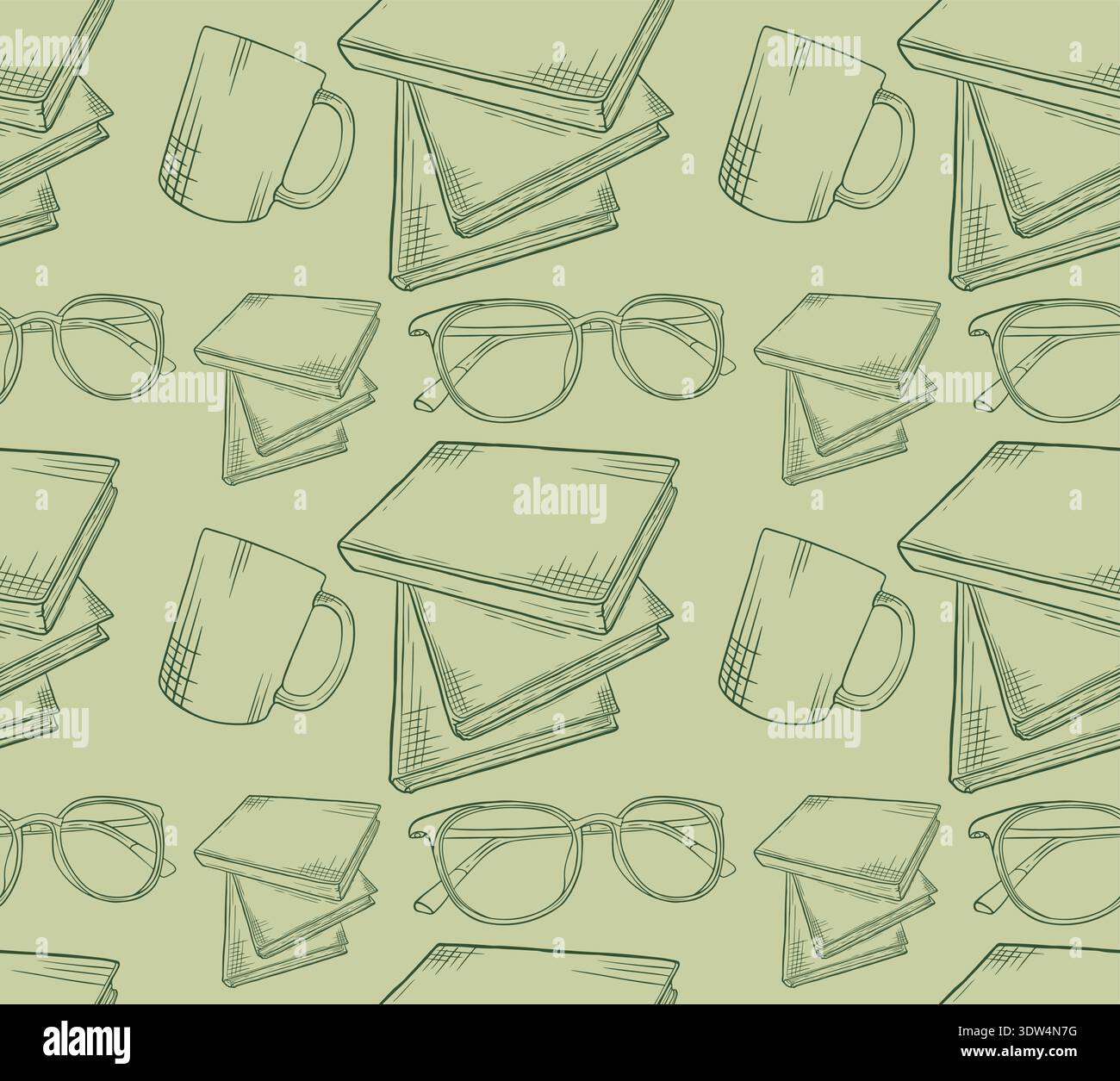 Seamless pattern with hand-drawn books, coffee mugs, and glasses on a light green background, ideal for a literary or cozy reading-themed design proje Stock Vector