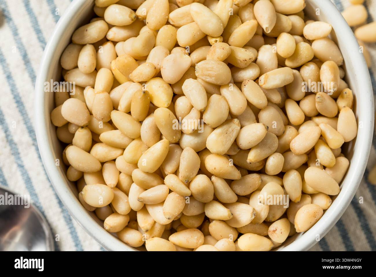 Raw White Organic Pine Nuts in a Bowl Stock Photo