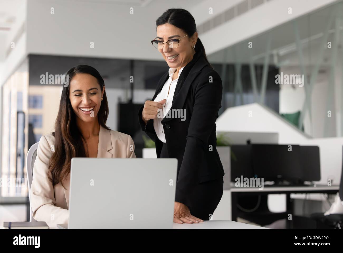 Two happy women, mentor and apprentice working on laptop Stock Photo