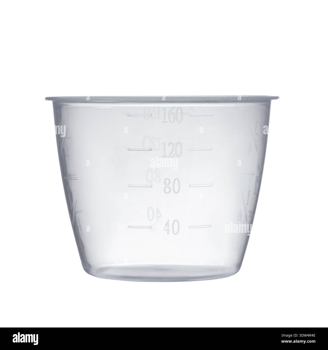 Front view of empty plastic measuring cup isolated on white Stock Photo