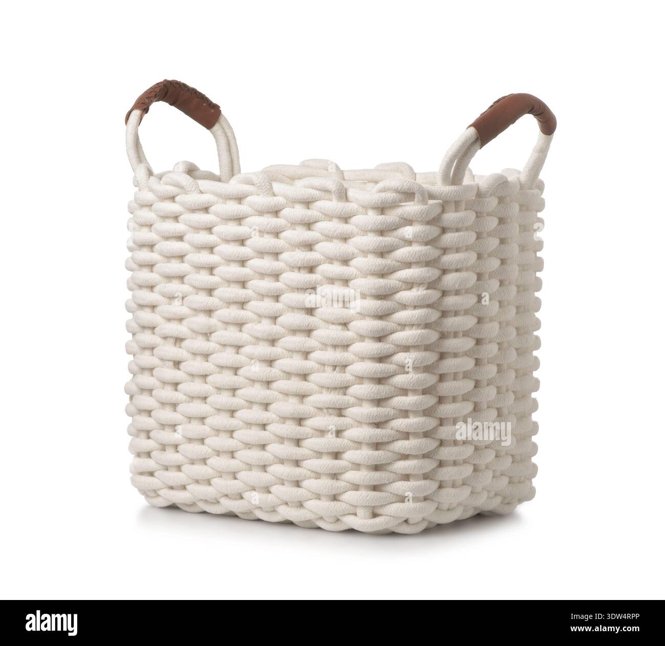 Large empty laundry cotton rope basket isolated on white Stock Photo