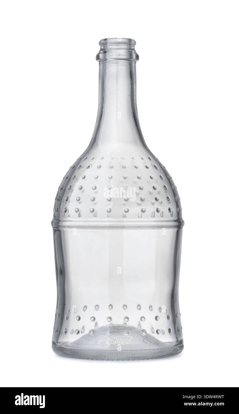 Front view of empty clear glass  wine bottle isolated on white Stock Photo