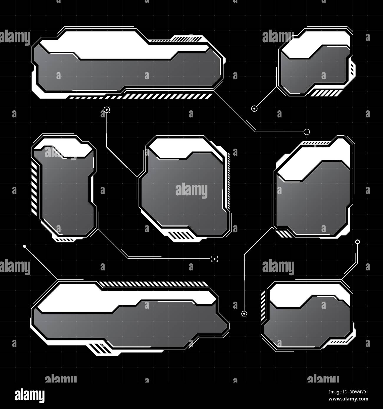 White futuristic HUD, UI elements. Sci-fi user interface text boxes, callouts. Warning message frames, information boxes template. Modern game Stock Vector