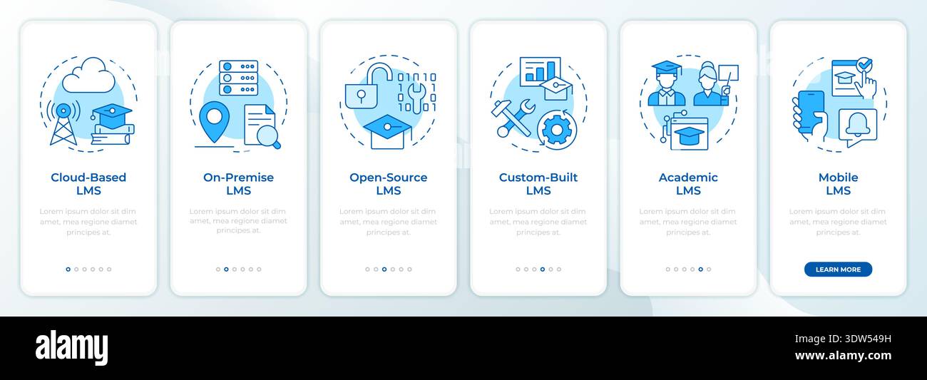 Learning management systems main types blue onboarding mobile app screen Stock Vector