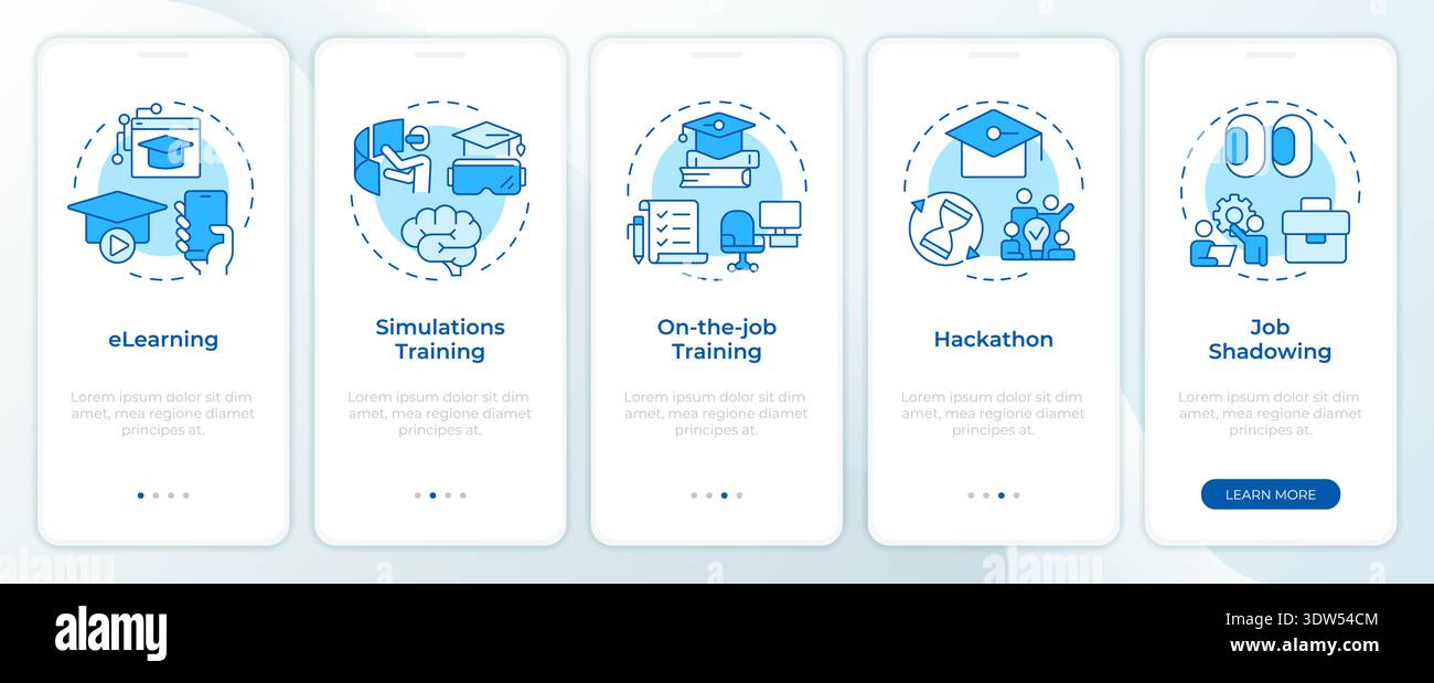 Five personal development methods blue onboarding mobile app screen Stock Vector