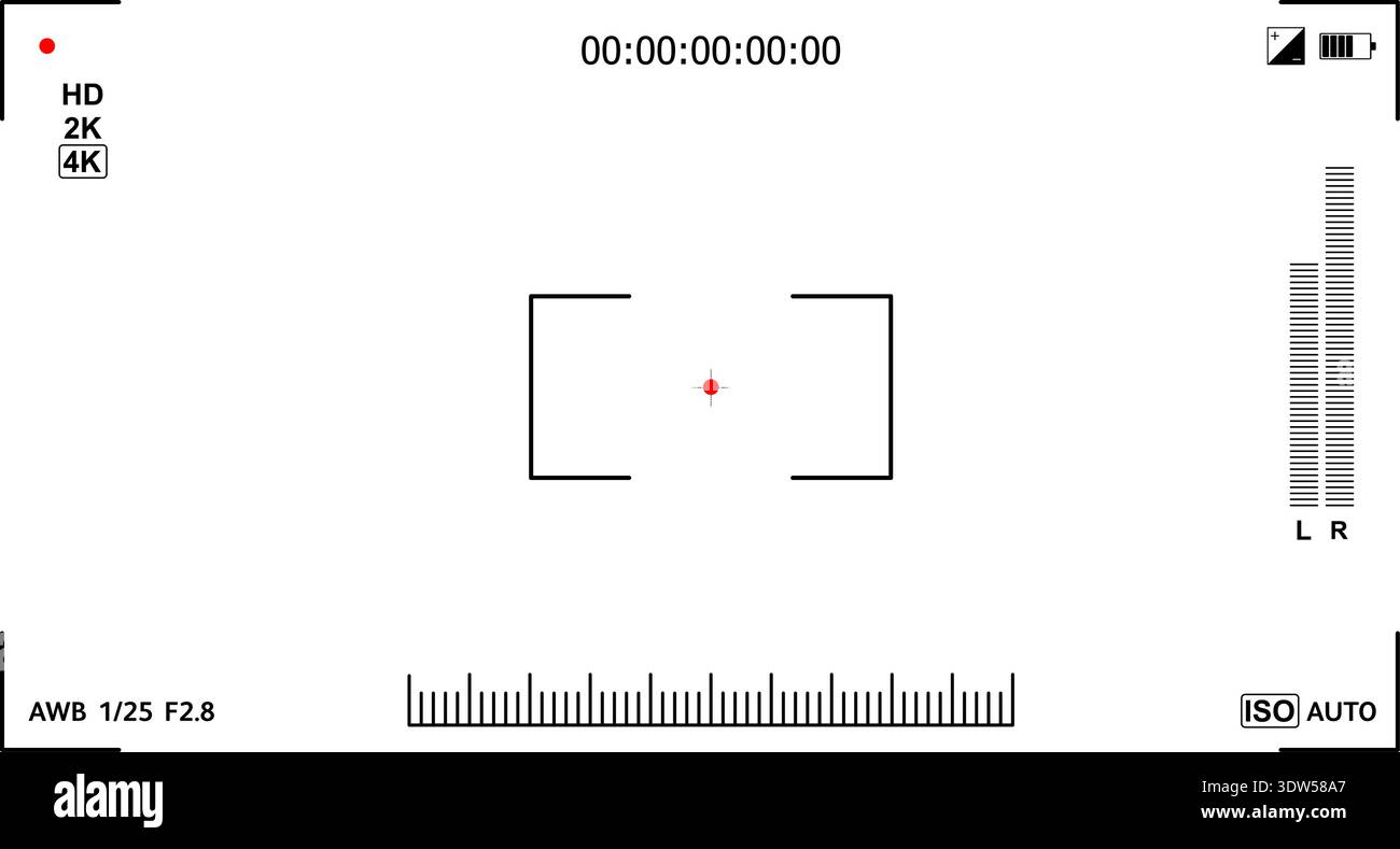 Digital camera UI featuring focus frame, record icon, audio levels and ...