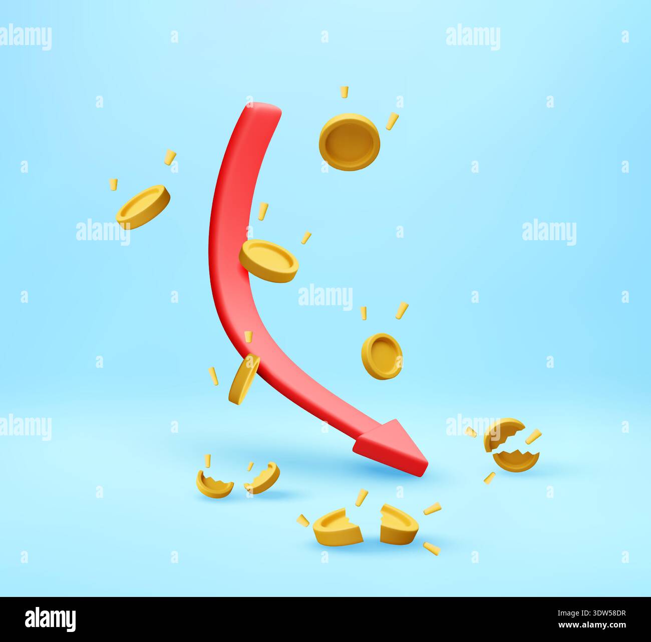 3d arrow down with falling and broken coins Stock Vector