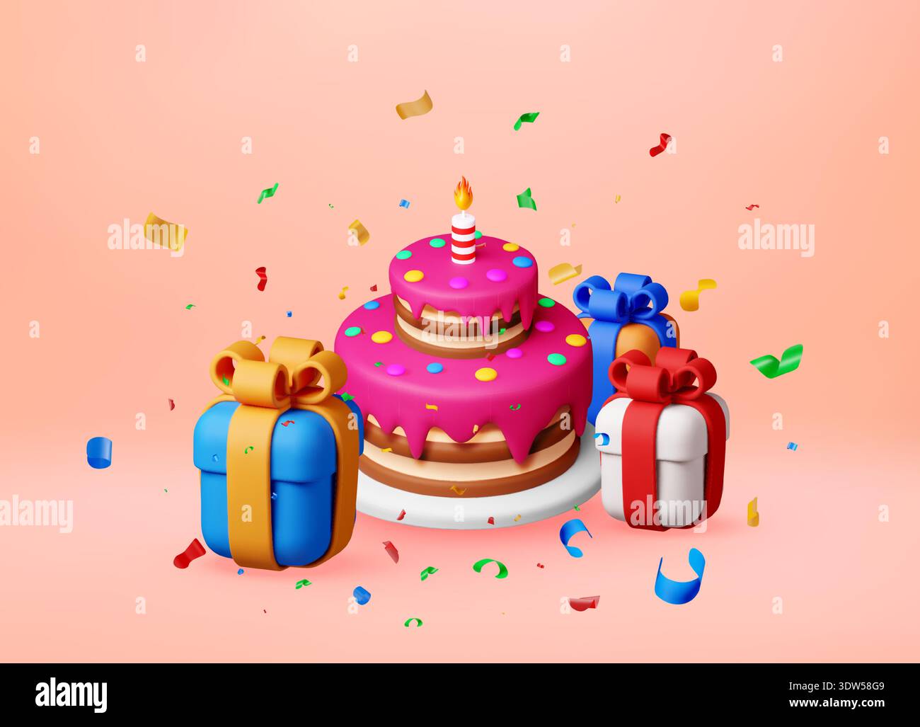 3d cake with candle and gift boxes with confetti Stock Vector