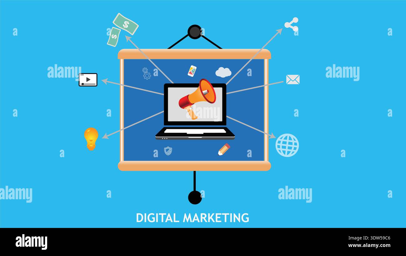 Digital Marketing Concept Illustration With Laptop Megaphone Icons Representing Online Advertising And Social Media Strategy Stock Vector