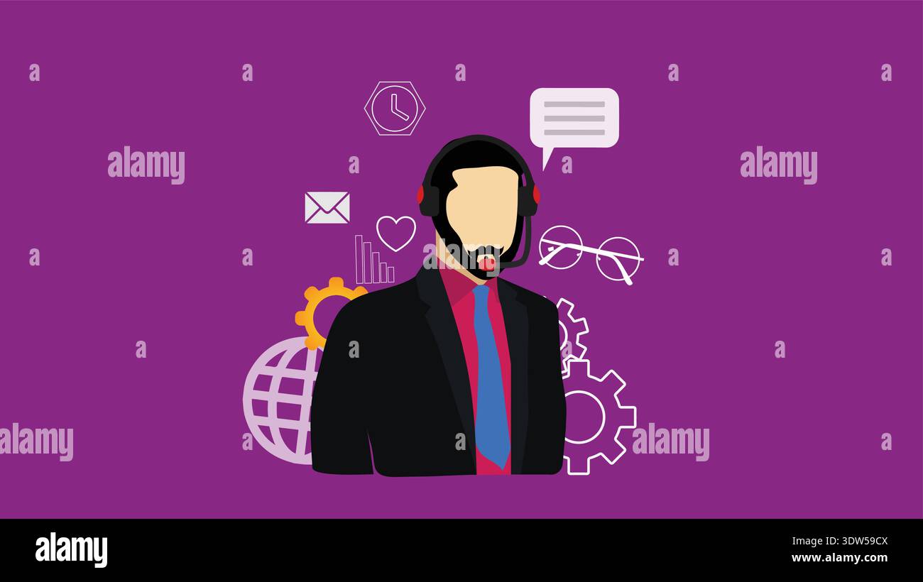 Business Customer Service Support Agent With Headset and Communication Icons on Purple Background. Stock Vector
