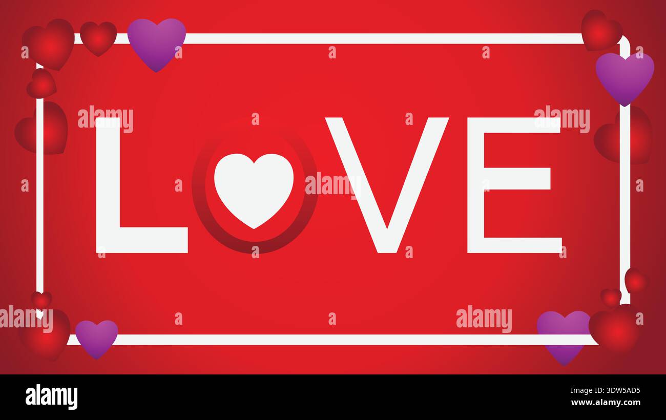 Bold Red Love Typography With Heart Frame and Decorative Valentine's Day Hearts Stock Vector
