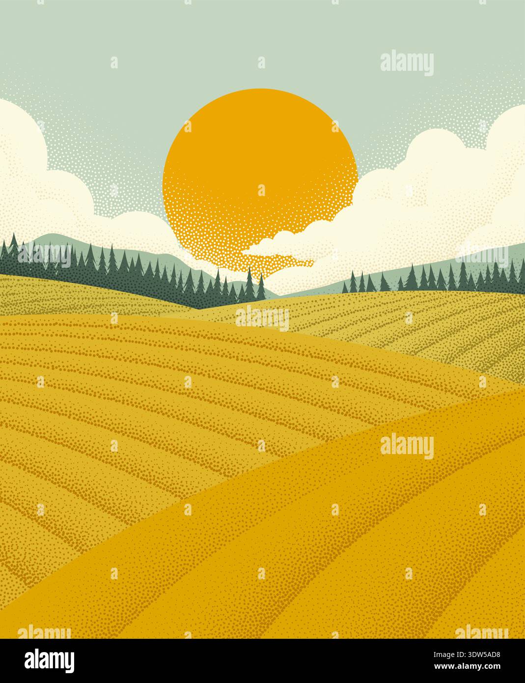 Fields Rolling Hills Farm Landscape Background Stock Vector