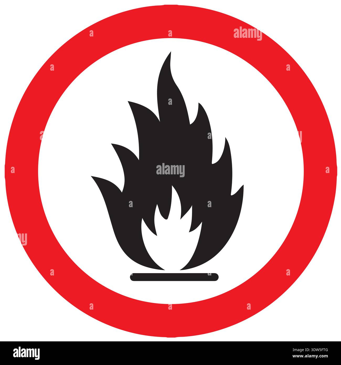 Flammable warning sign with black flame symbol inside red prohibition ...