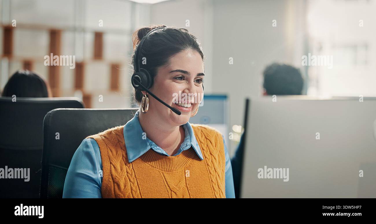 Call center, face or woman in office with headset, contact us or communication in customer service. Happy, telecom or consultant in agency with tech Stock Photo