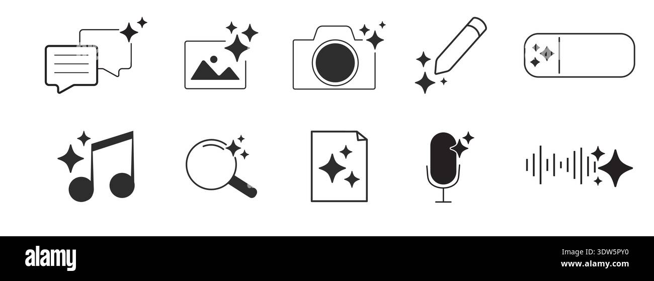 Ai generated audio or media icon set. Ai star sparkle symbol, creative artificial intelligence and machine learning technology concept. Generative AI. music generated, image generate, magic pencil. Vector illustration Stock Vector