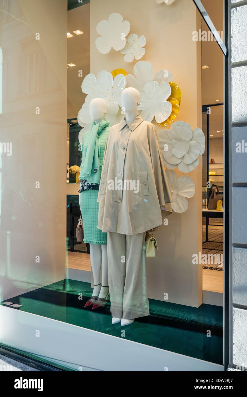 Italian Window Display Milan, Italy - 2026, 17 Feb: Elegant Chanel SS26 window display with ...