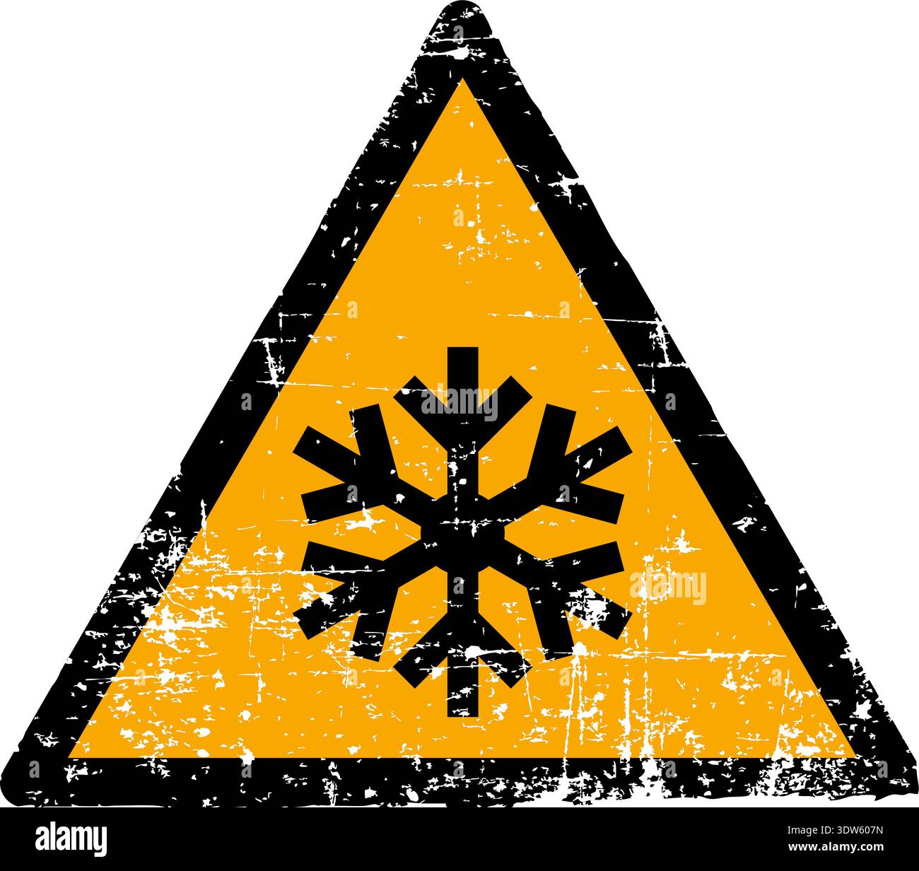 Vector illustration of a low temperature and freezing conditions hazard sign with a grunge texture. Worn scratched yellow triangle symbol showing a sn Stock Vector