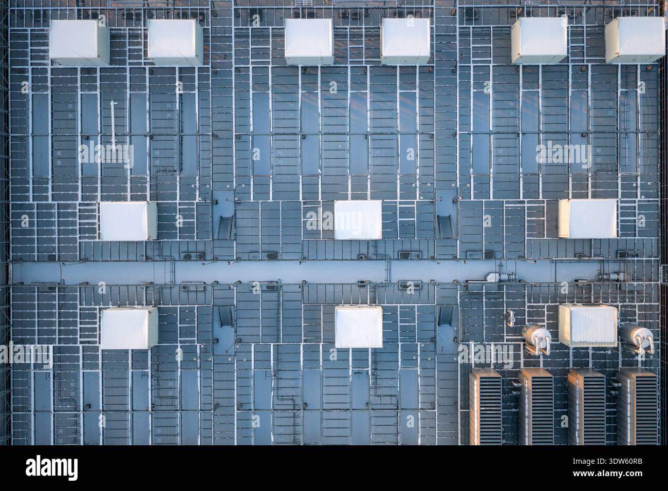 Data Center Rooftop Aerial view of a large data center rooftop, showing a complex array of ...