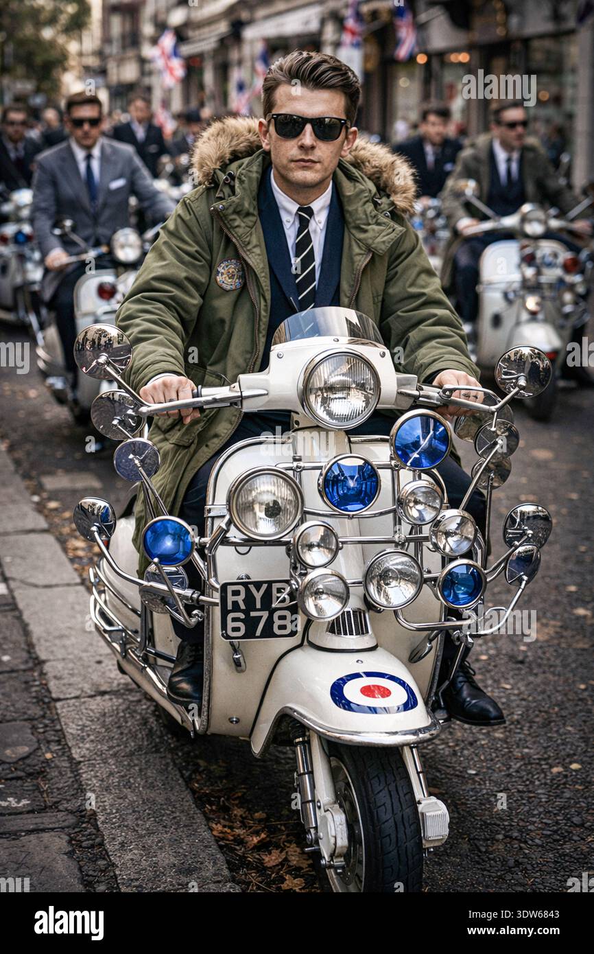 Photograph of a British Mod with a Lambretta scooter, representing the ...
