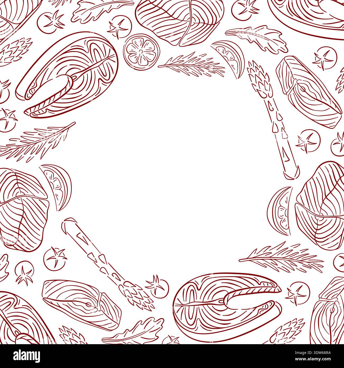 Salmon frame with steak, fillet cuts, herbs, asparagus and spices in line art style. Illustration isolated on white background for restaurant menu Stock Vector