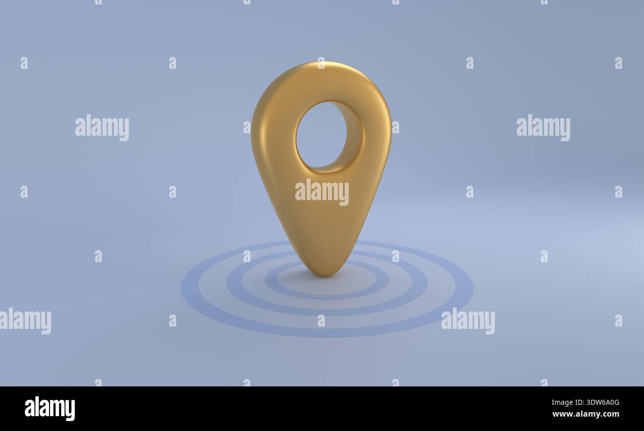 Golden 3d map pin standing on a pale blue surface with concentric rings ...
