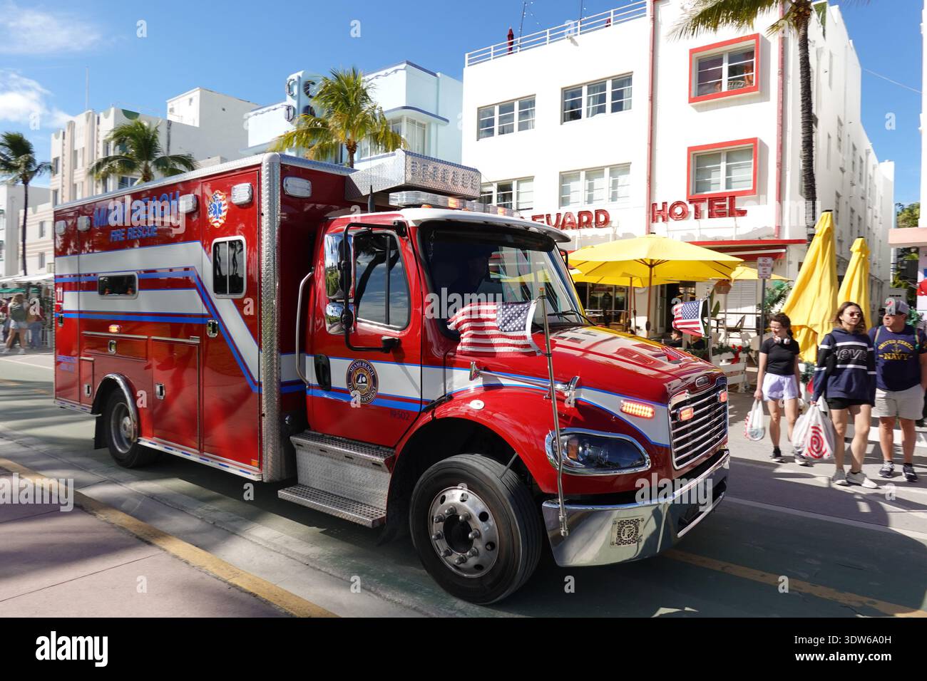 A local red fire engine the Miami Beach Fire Rescue (MDFR) emergency ...