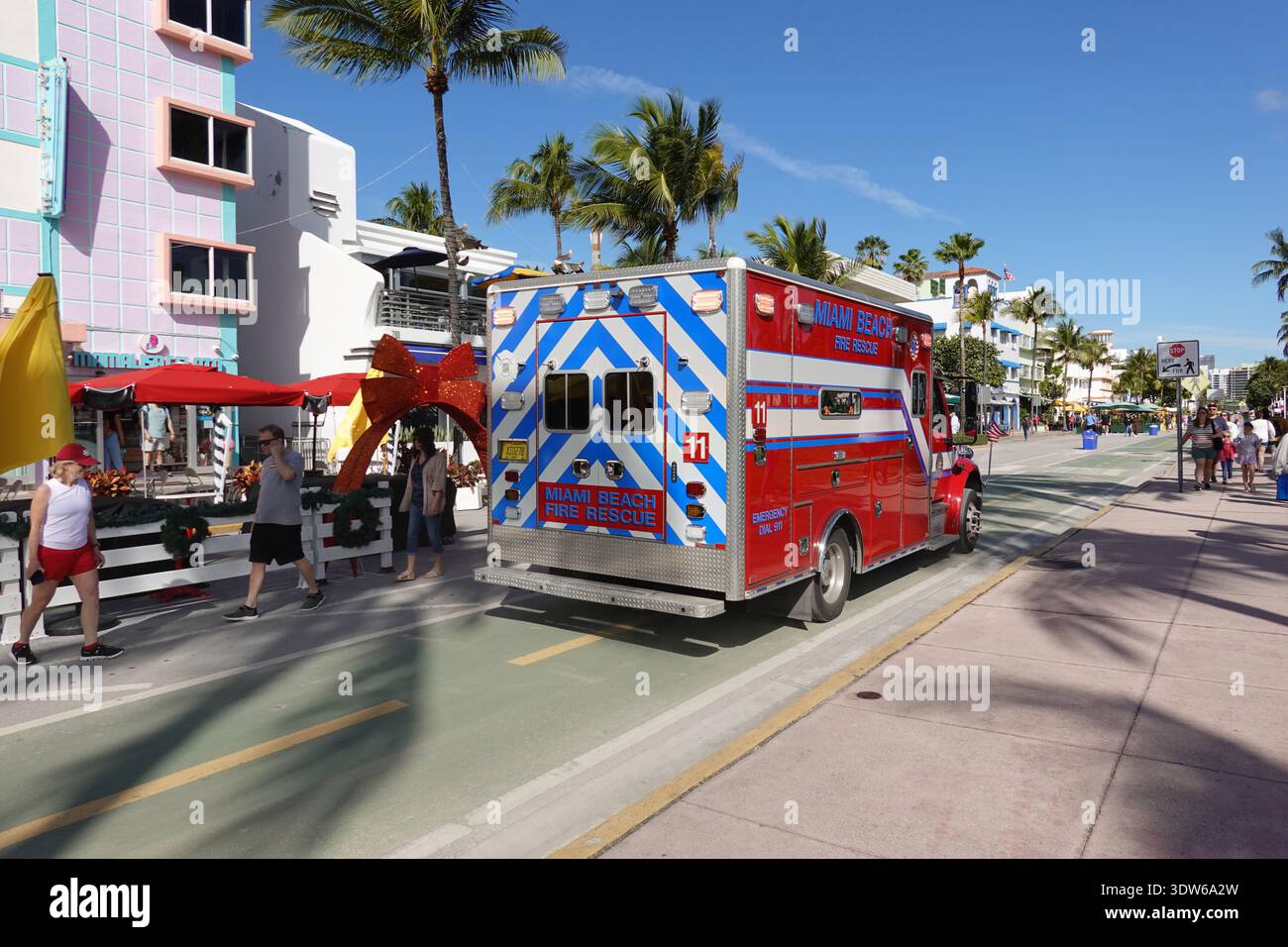 A local red fire engine the Miami Beach Fire Rescue (MDFR) emergency ...