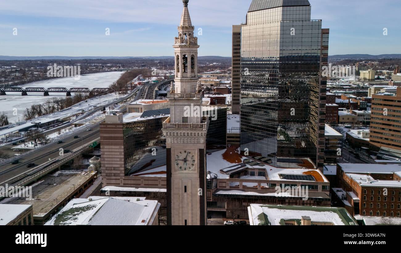 Aerial view of Springfield Massachusetts skyline with historic
