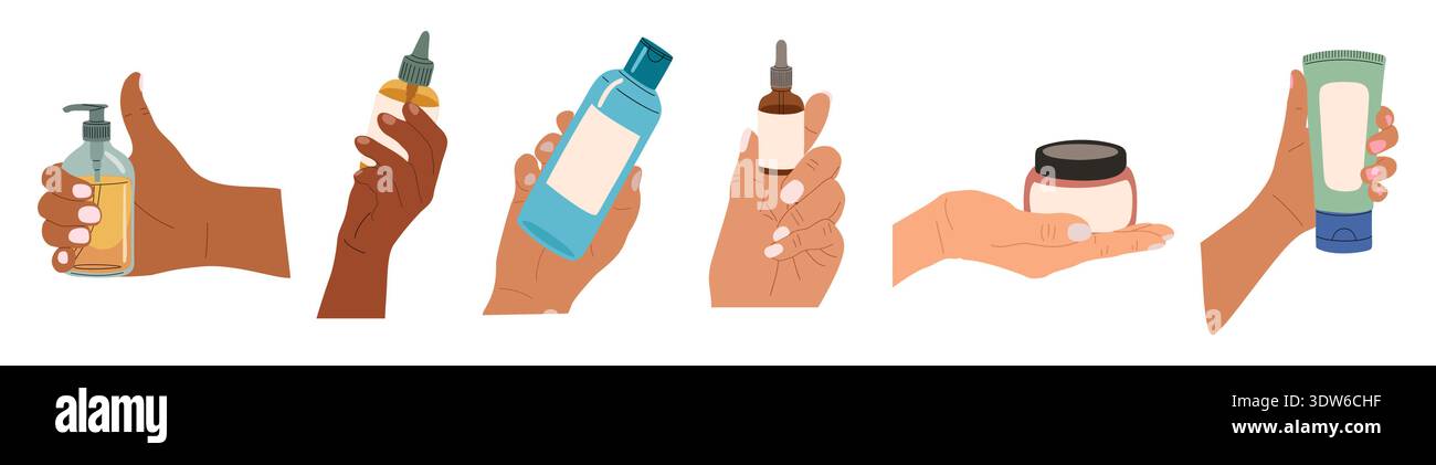 Set of diverse hands holding skincare bottles Stock Vector