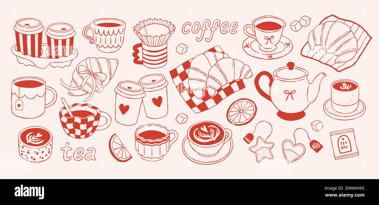 Hand drawn coffee and tea vector set with croissants, cups, teapot and sweets in Mediterranean style. Cozy cafe breakfast collection ideal for menu Stock Vector