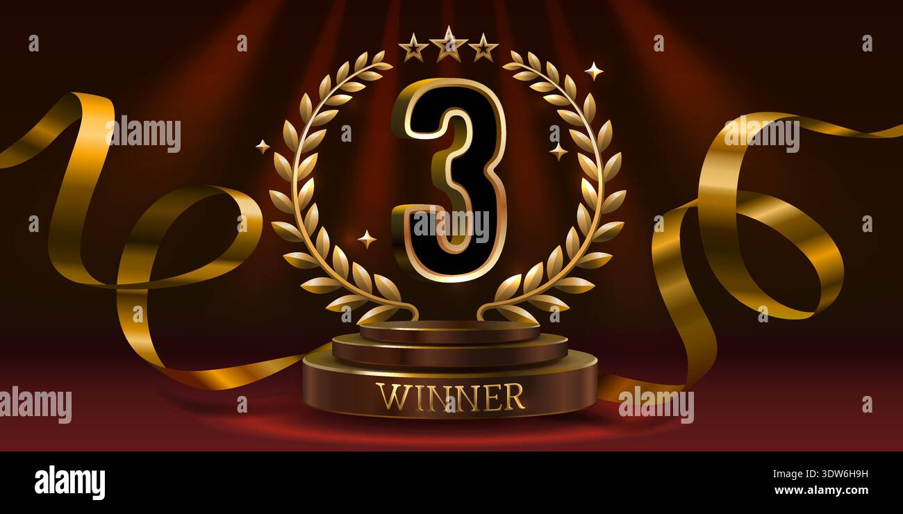 Golden third place winner award with laurel wreath and stars on a ...