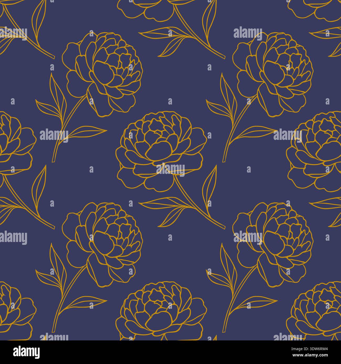 Seamless vector pattern of golden outline peonies on a deep indigo ...
