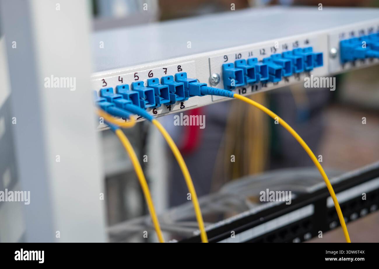 Connector with blue cables. Blur and selective focus. Stock Photo