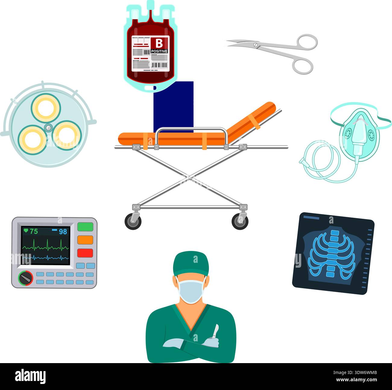 medical concept with surgeon, surgical equipment, scalpel, x-ray and ...