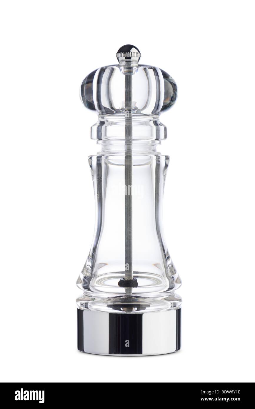 Empty transparent glass pepper mill isolated on white background. Stock Photo