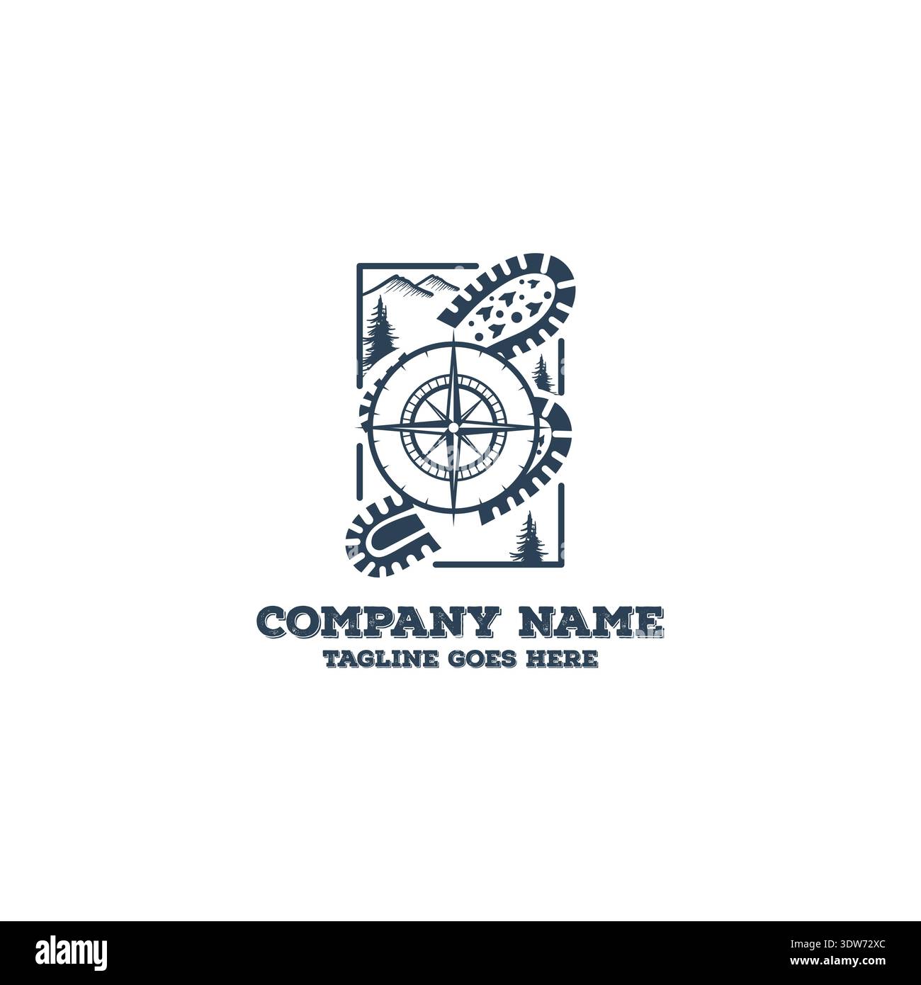 Professional Hiking Emblem Featuring Mountain Scenery And Navigation Symbol Inside Rectangular Frame Stock Vector
