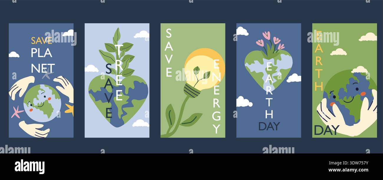 Set of eco posters. Earth Day greeting cards with globe and hands ...