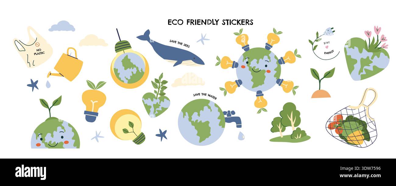 Eco friendly sticker set with cute earth character, water, plant, eco ...
