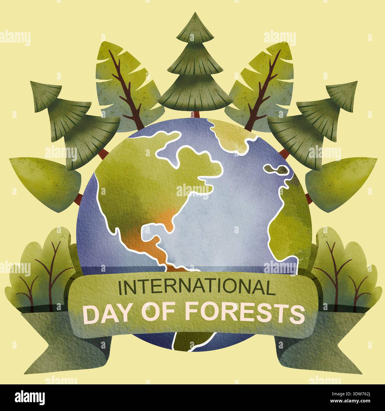Poster for International Day of Forests. Green trees surround the ...
