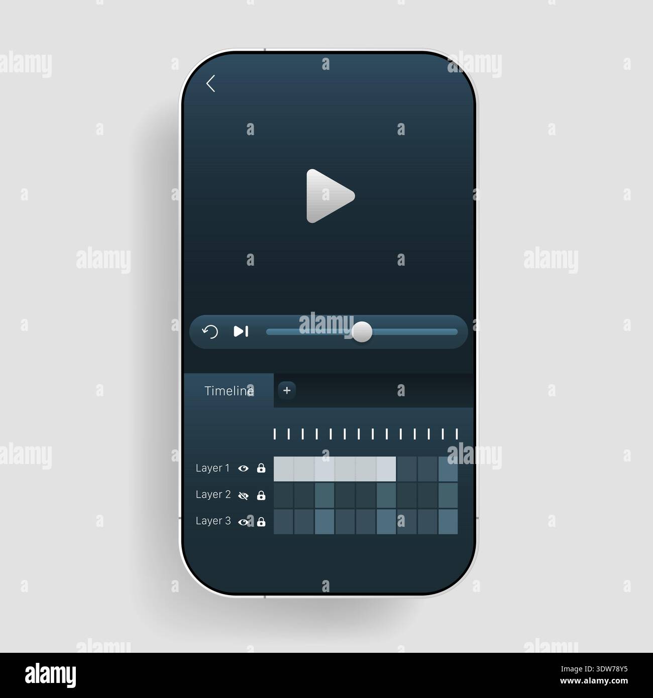 Minimalist smartphone screen mockup displaying a modern video editor application interface with play button, timeline, layers panel, and media control Stock Vector