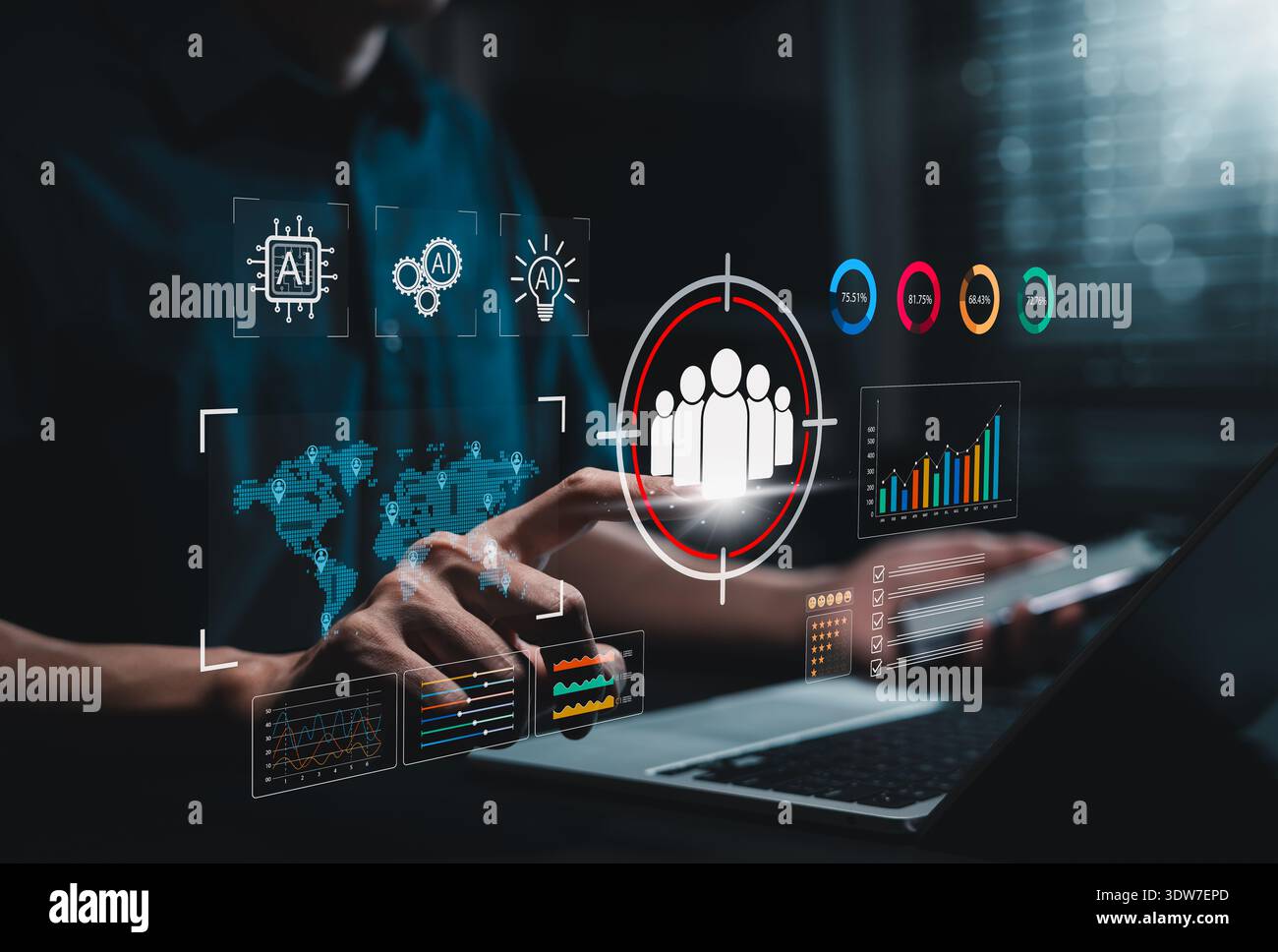 AI driven customer analytics concept. Analyzing target audience data on laptop with artificial intelligence insights, market segmentation strategy, Stock Photo
