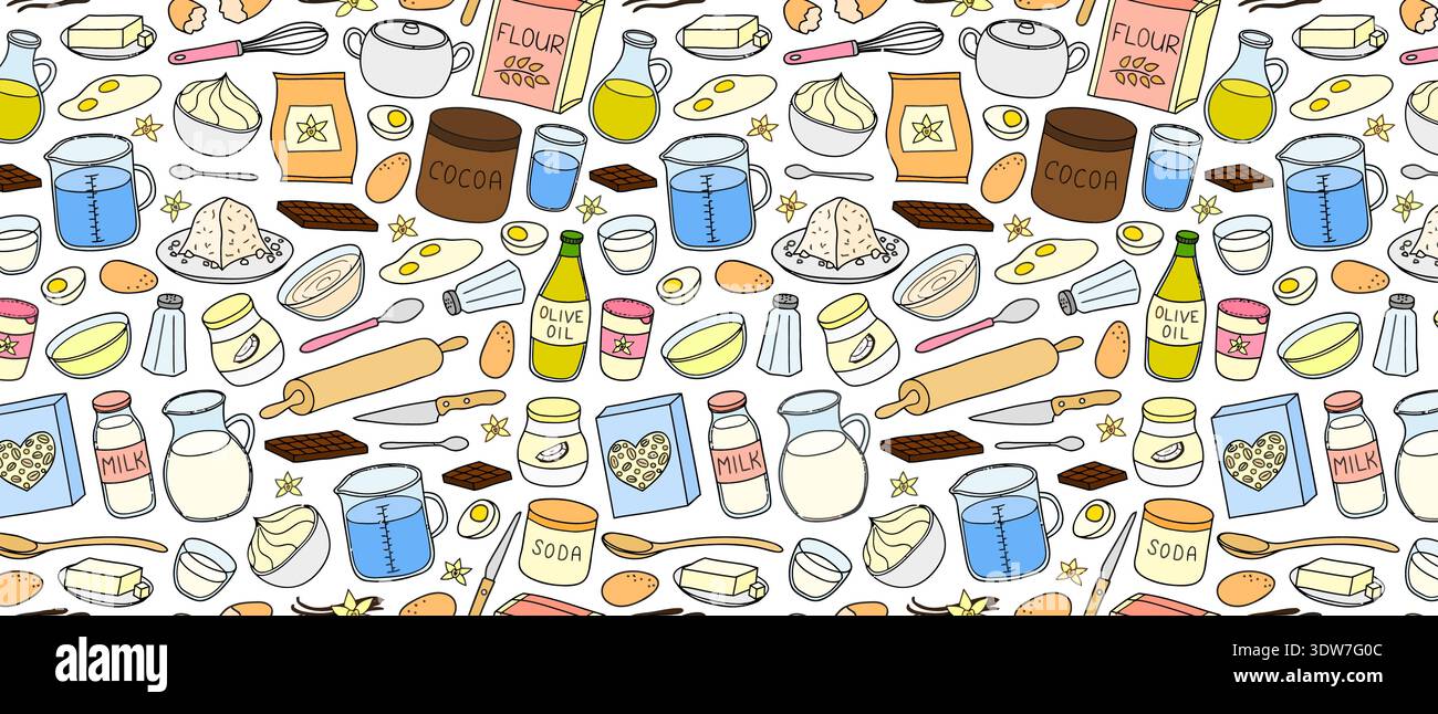 Baking and Cooking Ingredients Seamless Pattern, Kitchen Tools Flour and Eggs Background for Bakery Design Stock Vector