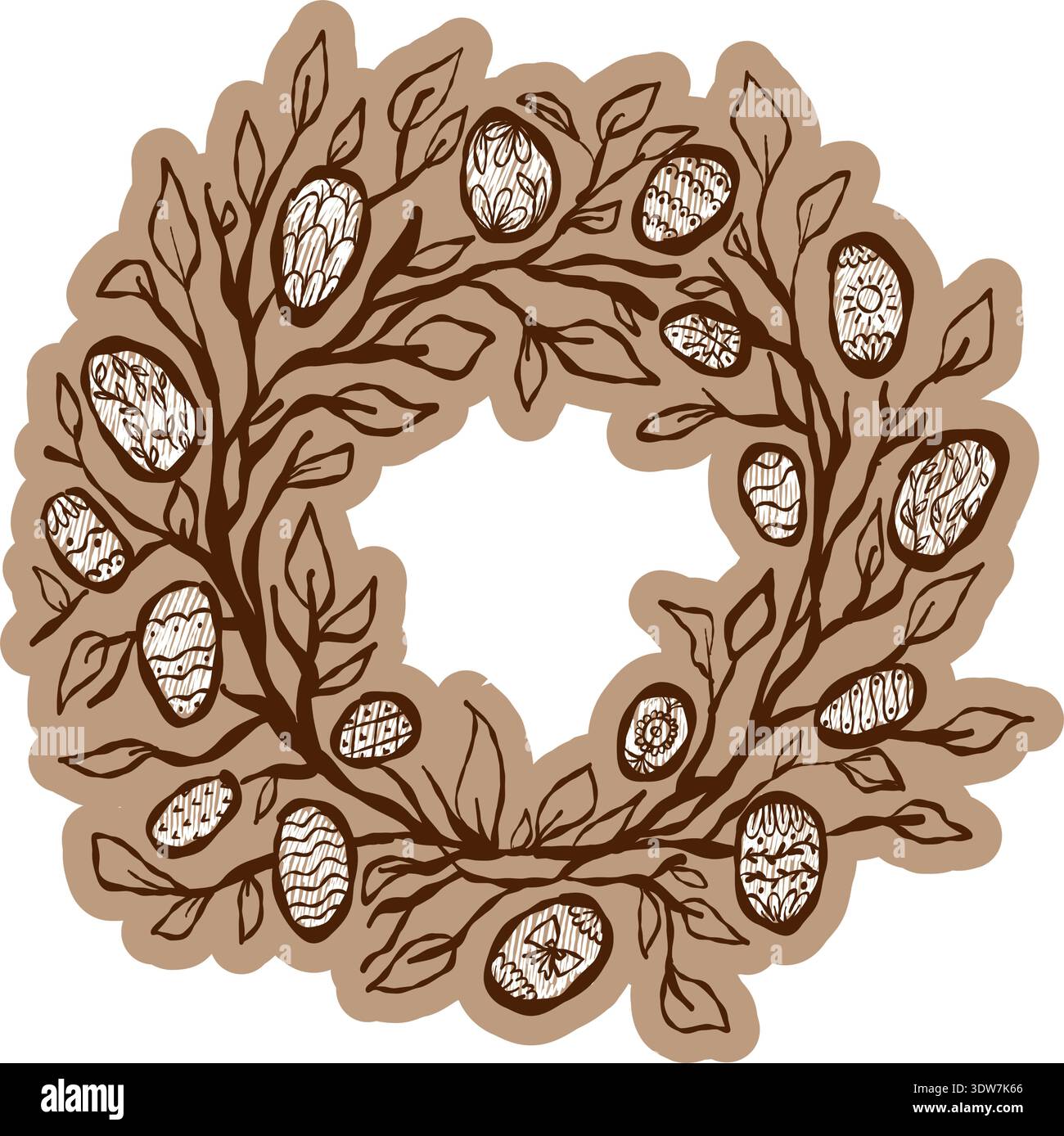 Easter botanical frame with doodle willow branches and decorative eggs Stock Vector