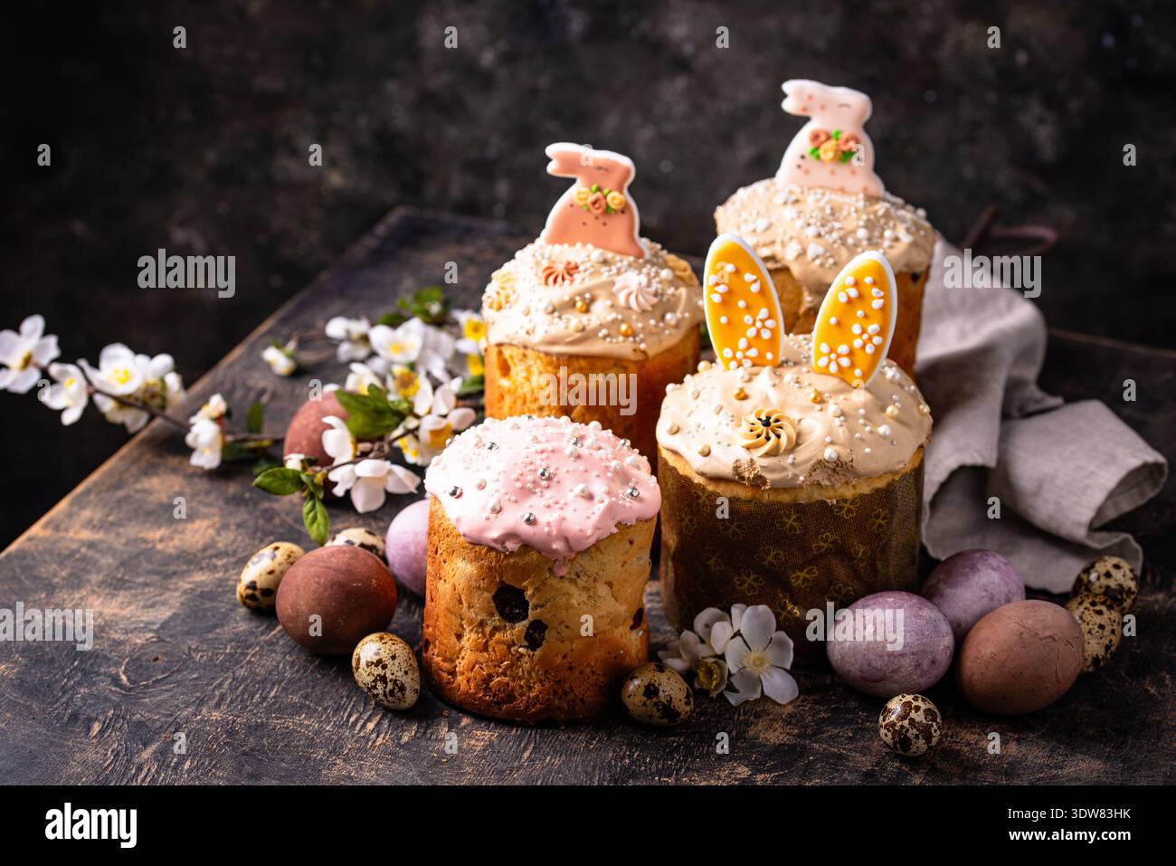 Traditional Easter cake kulich and eggs Stock Photo